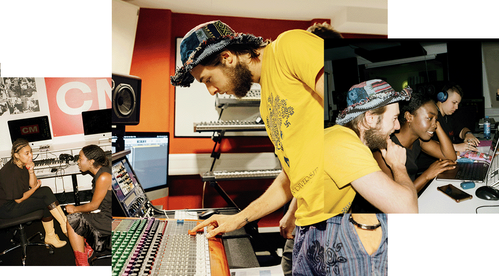 A selection of three images, from left to right: two female students sit in the music production training room chatting, a man in his 20s tweaks the fader on a mixing desk in the studio, three students sit working at their music production workstations, two are working on a track together and smiling.